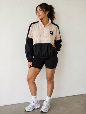 Nike Air Half Zip Windbreaker Jacket Size Medium Beige Black Pullover Y2K 90s
